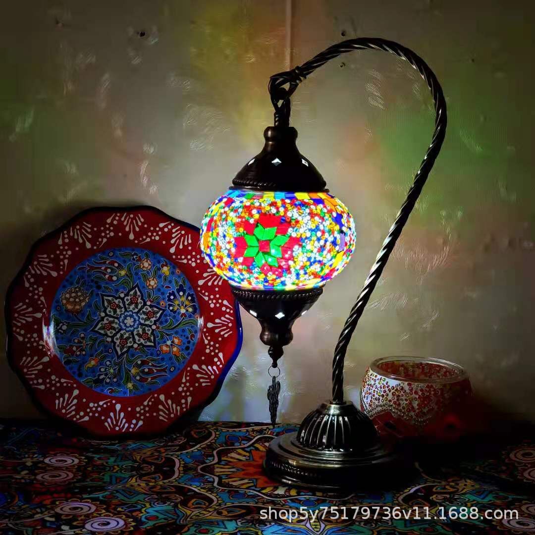 Moroccan mosaic glass table lamp by Cavira with stained glass and bronze iron, 22cm x 38cm, featuring 16 decorative designs.