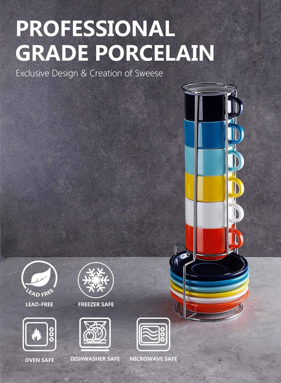 Colorful Stackable Espresso Cup Set with Saucers & Metal Stand - 6-Piece 4oz Specialty Coffee Collection