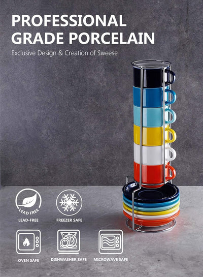 Colorful Stackable Espresso Cup Set with Saucers & Metal Stand - 6-Piece 4oz Specialty Coffee Collection