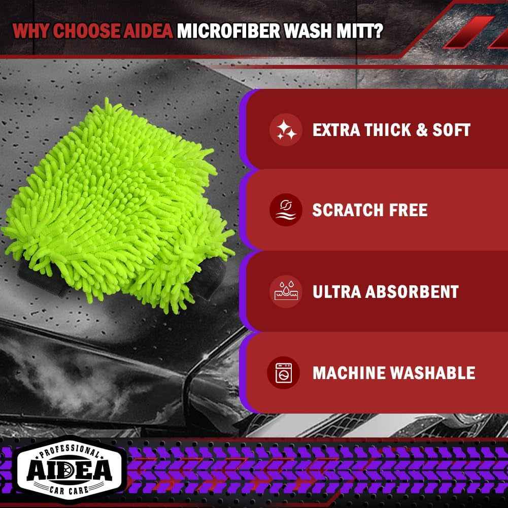 Car Wash Mitt Microfiber 2PK - Scratch Free and Lint-Free Chenille Mitts, Regular Size 7.12''X10.14'' in Green - GG store