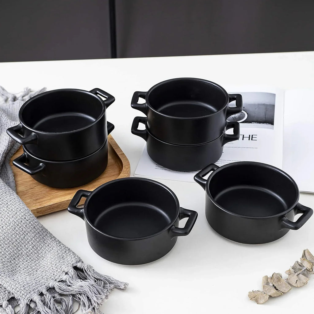 Ceramic Ramekins Set of 6 | Oven-Safe Porcelain Baking Bowls with Handles | Cavira