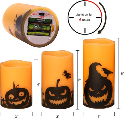 Spooky Halloween Flameless Candles - LED Flickering Pillar Set with Pumpkin Decals, 6H Timer | Perfect Fall Festival Party Decor - Set of 3 (D 3” X H 4”, 5”, 6”)