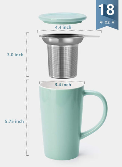 Stylish Mint Green Porcelain Tea Mug Set with Infuser & Lid - 18 Oz Capacity, Perfect for Coffee and Cocoa Lovers