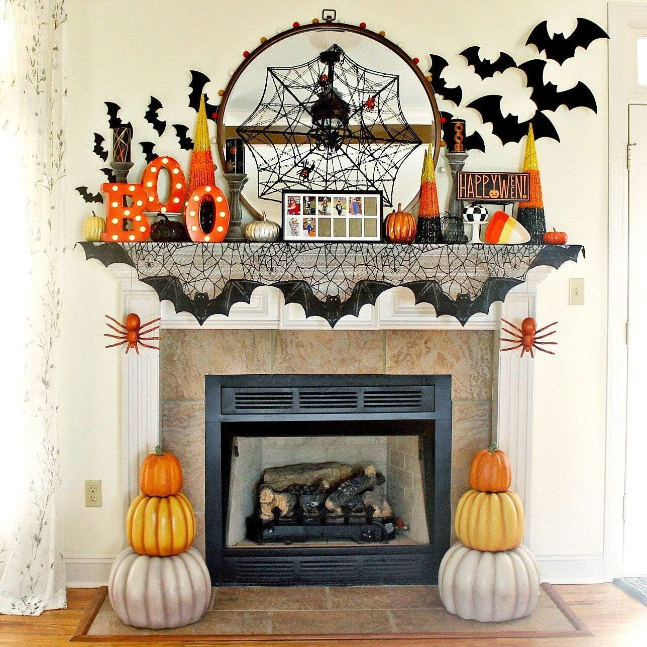 Aritiflr 3 Pack Halloween Decorations, Black Lace Party Decor, Spider Web Fireplace Mantel Scarf Cover, Spider Web Table Topper Tablecloth, Halloween Lamp Shade
