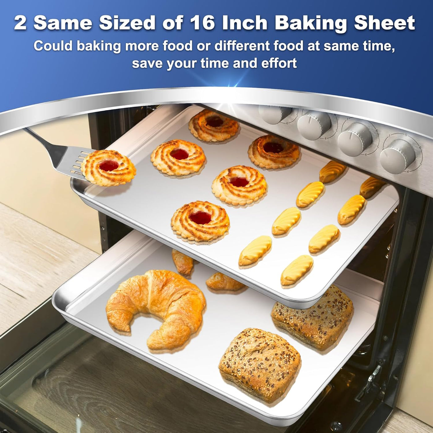 Premium 16 Inch Stainless Steel Baking Cookie Sheet Set - Heavy Duty Oven Pan Tray for Multi-Use, Dishwasher Safe, Shiny Finish - 2 Pieces