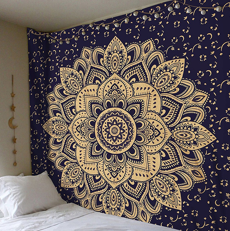 Cavira bohemian mandala floral wall hanging tapestry with tribal design, square polyester decor for bedroom and living room walls