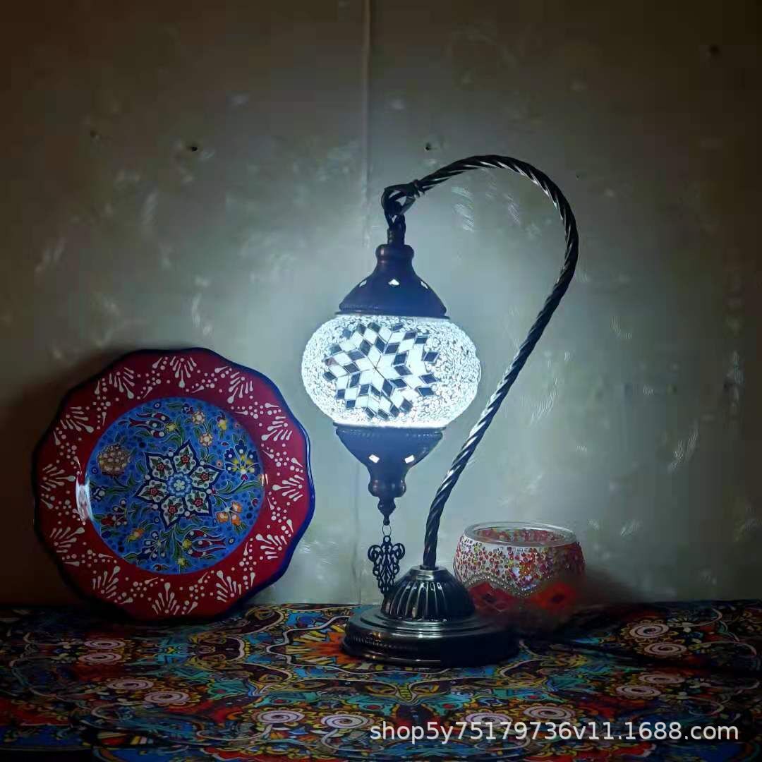 Moroccan Mosaic Glass Table Lamp by Cavira with stained glass and bronze iron, featuring intricate designs and E27 bulb fitting.