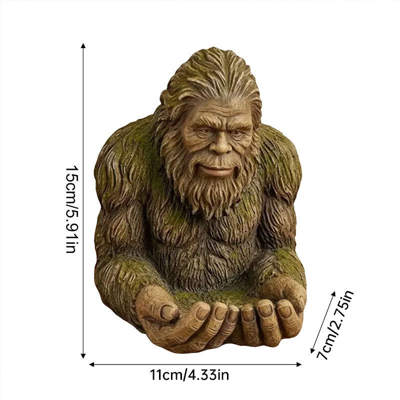 Resin Bigfoot Sasquatch bird feeder ornament in three outdoor garden designs, weather-resistant wildlife décor for yard or patio.