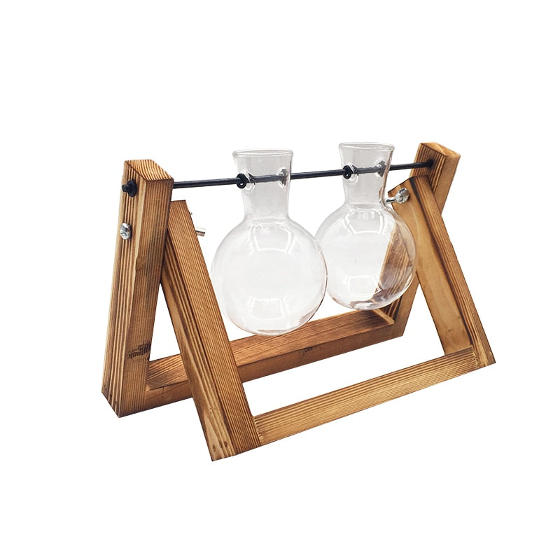 Cavira glass terrarium tabletop vase with wooden frame for hydroponic plants, bonsai, or floral display, ideal for home decor.