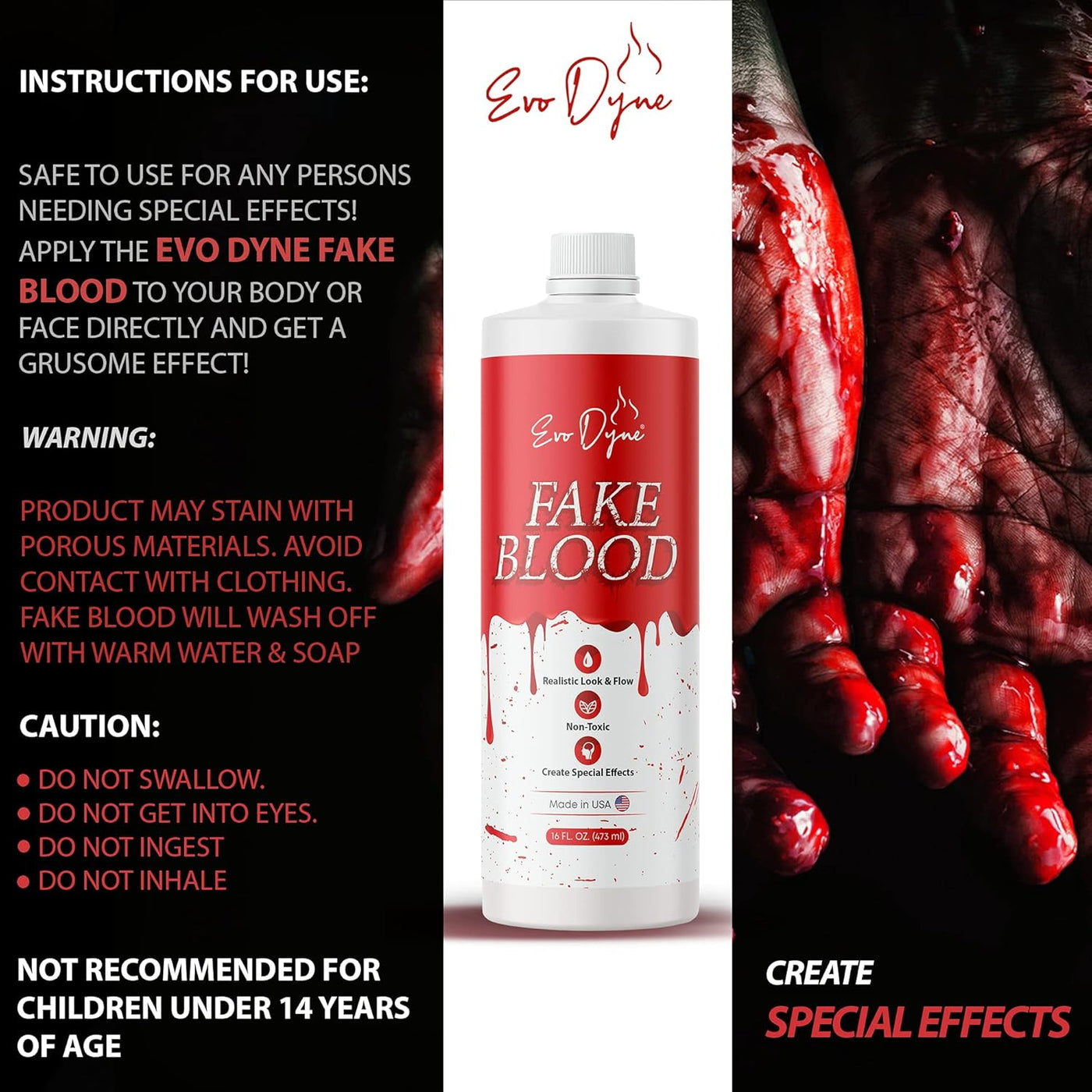 Realistic Fake Blood (16 FL OZ) - Perfect for Halloween Costumes & Parties, Made in the USA