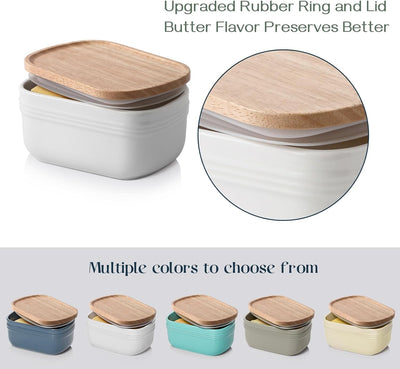 Extra Large Ceramic Butter Dish with Airtight Wooden Lid - Stylish Farmhouse Kitchen Decor, Freezer Safe & Perfect for Countertop or Fridge