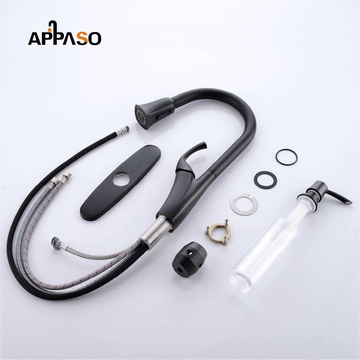 Sleek Matte Black Kitchen Faucet with Pull Down Sprayer and Soap Dispenser - One Handle High Arc Design