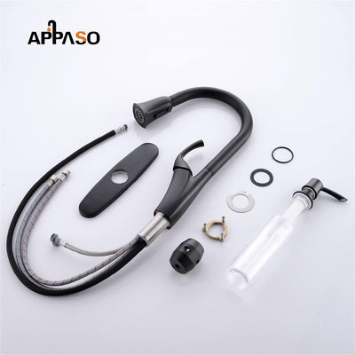 Sleek Matte Black Kitchen Faucet with Pull Down Sprayer and Soap Dispenser - One Handle High Arc Design