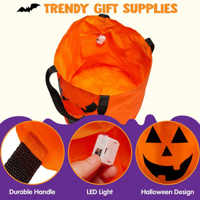 2 Pcs Halloween Candy Bag,Led Light Pumpkin Candy Buckets for Kids,Halloween Trick or Treat Bucket with Pumpkin Smile Face for Halloween Party Favors Goodie Bags