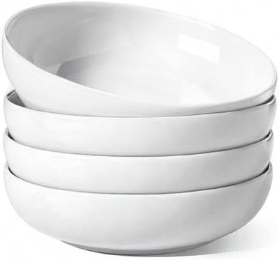 Large 45 Oz White Pasta and Salad Bowls - Set of 4 Microwave Safe 8.5 Inch Serving Bowls for Soup, Noodles, and Dinner