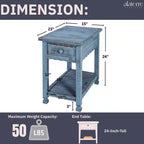 Antique Blue Farmhouse Wood End Table with Drawer – Rustic Rectangular Bedside Side Table