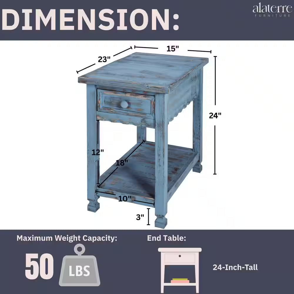 Antique Blue Farmhouse Wood End Table with Drawer – Rustic Rectangular Bedside Side Table