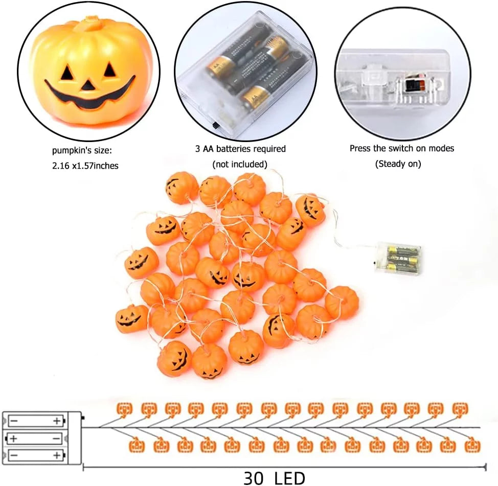 Spooktacular Halloween Pumpkin String Lights with Candy Bucket - 30 LED, 16.4Ft, 8 Modes, Waterproof Jack-O-Lantern Decor for Indoor & Outdoor Fun!