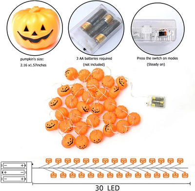 Spooktacular Halloween Pumpkin String Lights with Candy Bucket - 30 LED, 16.4Ft, 8 Modes, Waterproof Jack-O-Lantern Decor for Indoor & Outdoor Fun!