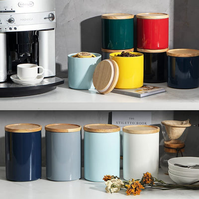 Stylish Black Ceramic Kitchen Canisters with Airtight Wooden Lids - Perfect for Coffee, Flour, Tea, Cookies & More - 58 Fl Oz Stackable Storage Solution