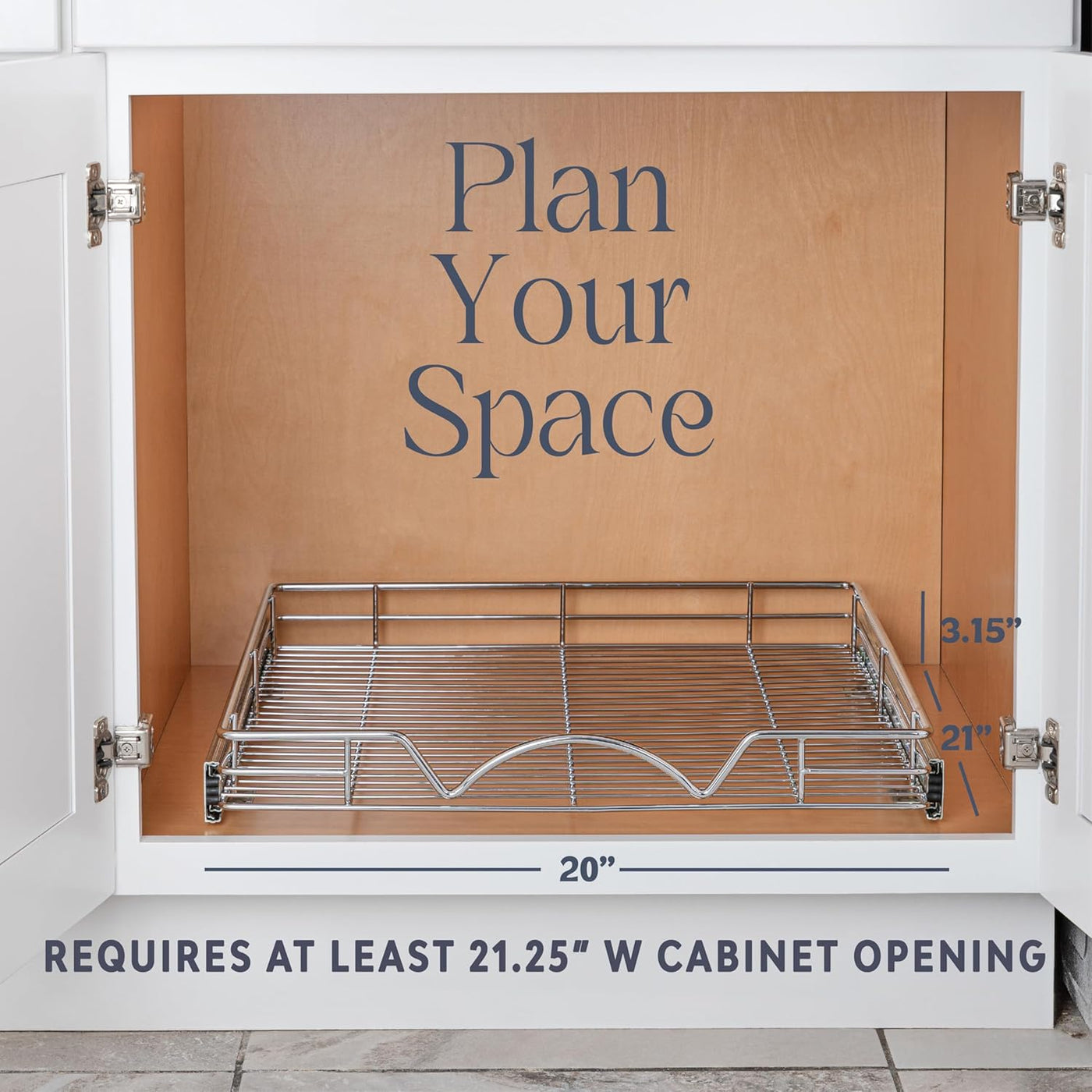 Heavy-Duty Pull-Out Cabinet Organizer with Lifetime Warranty - 20”W x 21”D Steel Metal Drawers, Chrome Finish