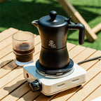 Cavira Moka Pot stovetop espresso maker in black, Italian-style coffee brewer with 5 color options, compatible with gas, electric, induction.