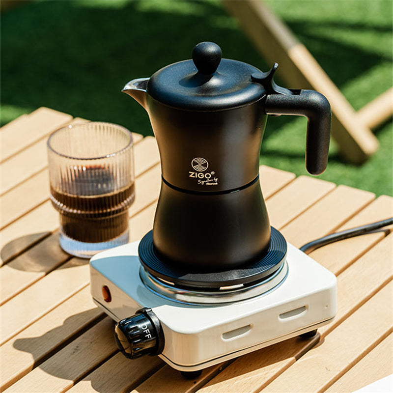 Cavira Moka Pot stovetop espresso maker in black, Italian-style coffee brewer with 5 color options, compatible with gas, electric, induction.