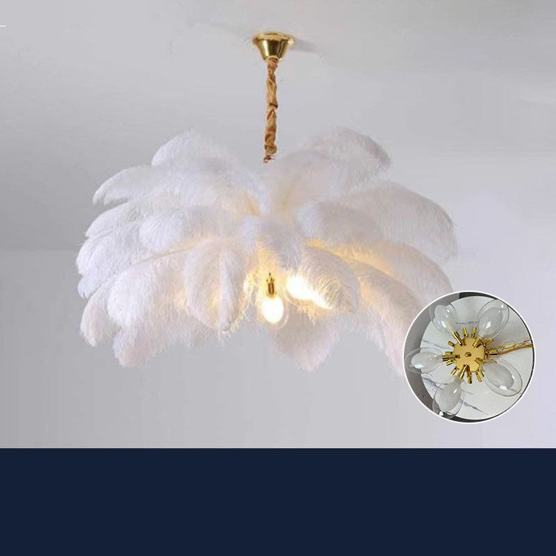 Modern Feather Pendant Ceiling Light – Luxury Bedroom & Living Room Hanging Lamp 75 * 80cm 34 strips 35-40cm 3 glass balls dual color