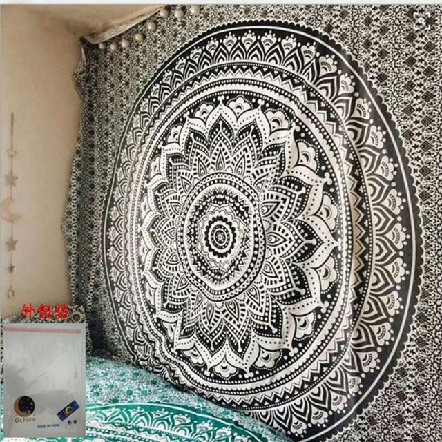 Colorful Mandala Boho tapestry by Cavira, psychedelic beach-themed wall hanging perfect for bedroom, living room, or outdoor decor.