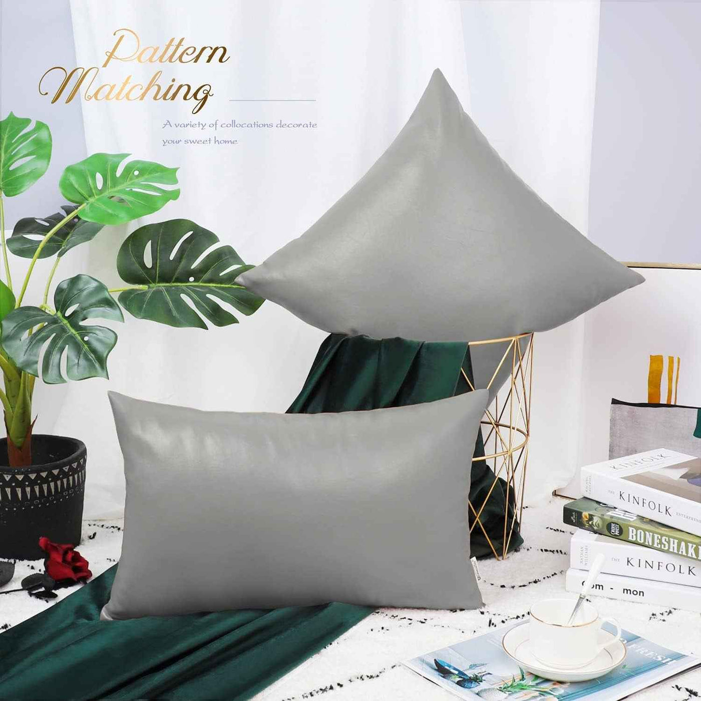 Faux Leather Pillow Covers 16x16 Inches - Medium Gray Pack of 2 for Couch, Bed, Sofa, and Home Decor - GG store