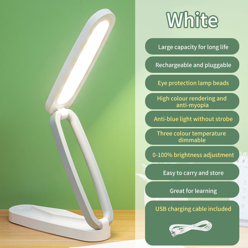 Cavira folding USB rechargeable LED desk lamp with touch control, tricolor light, dimmable, and 1200mAh battery for reading and study.