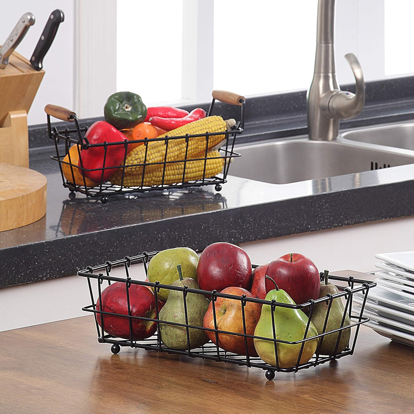 Stylish 2-Tier Black Metal Wire Basket for Fruits and Bread - Perfect Countertop Organizer!