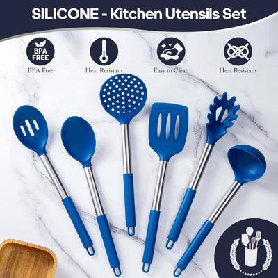 Upgrade Your Cooking Game with Our 6-Piece Blue Silicone Utensils Set – Perfect for Nonstick Cookware!