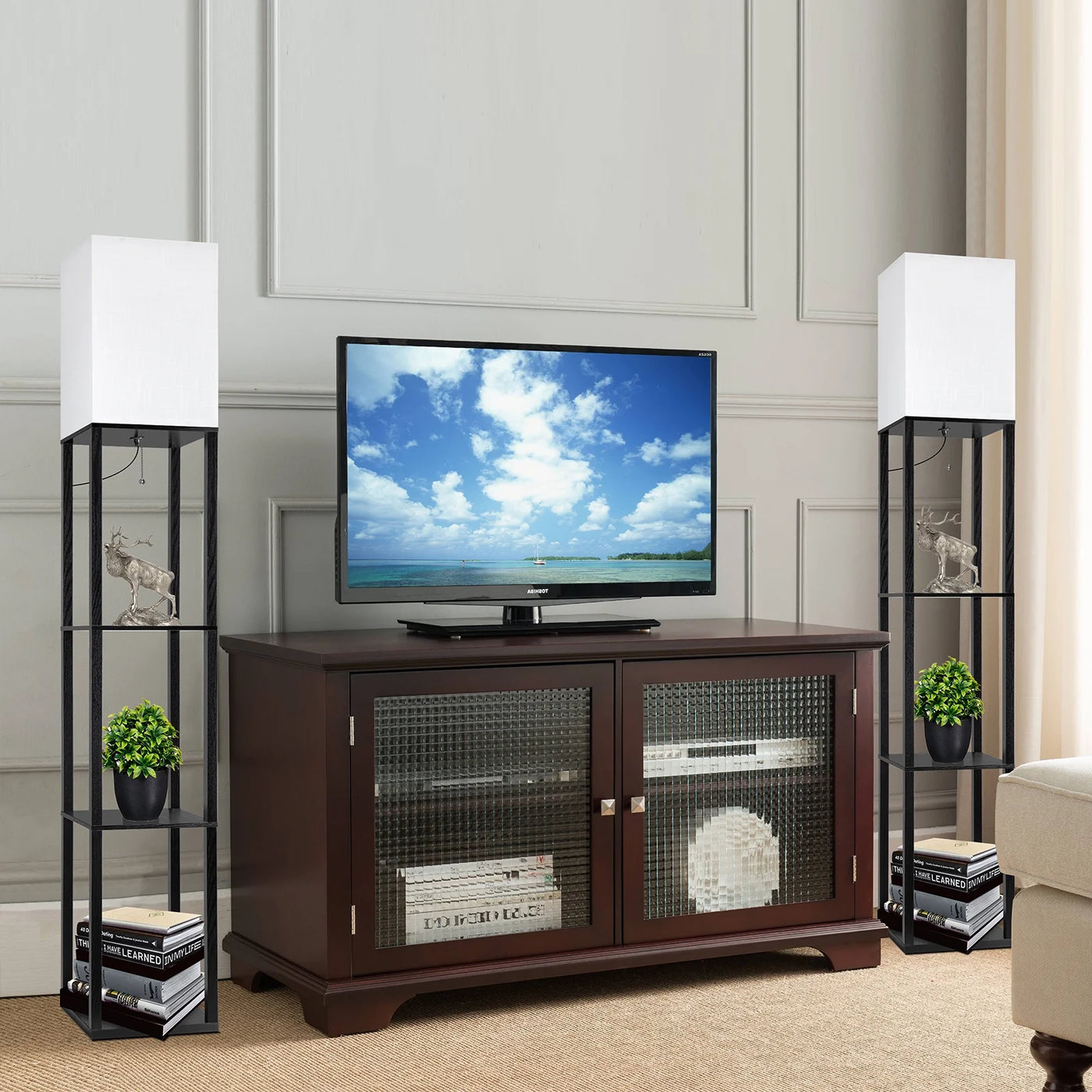 63" Shelf Floor Lamps with Shelves for Living Room Bedroom Office  Wood Modern Standing Lamps Black - GG store