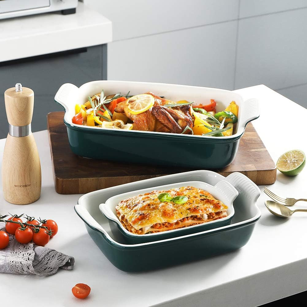 Versatile Ceramic Baking Pans Set - 9x13 Rectangular Casserole Dishes with Handles, Durable Lasagna Pans for Kitchen, Banquet, and Wedding Gifts (Jade)