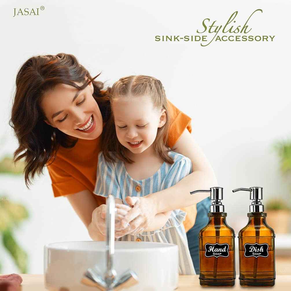 2Pack Paris Style Amber Soap Dispenser with Rust Proof Stainless Steel Pump, Refillable Kitchen Soap Dispenser with 6Pcs Stickers, Premium Hand Soap Dispenser for Kitchen Bathroom (Amber) - GG store