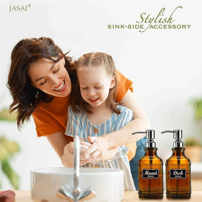 2Pack Paris Style Amber Soap Dispenser with Rust Proof Stainless Steel Pump, Refillable Kitchen Soap Dispenser with 6Pcs Stickers, Premium Hand Soap Dispenser for Kitchen Bathroom (Amber) - GG store