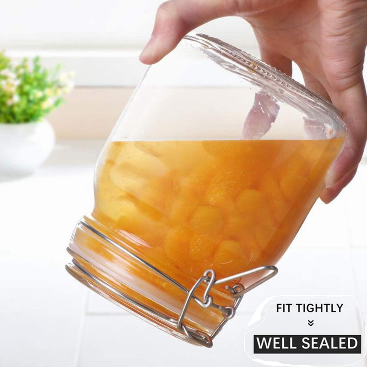 Airtight Glass Canister Set of 3 - 34Oz Food Storage Jars with Lids for Kitchen Canning, Cereal, Pasta, Sugar, Beans & Spices - Clear Preserving Seal and Wire Clip Fastening