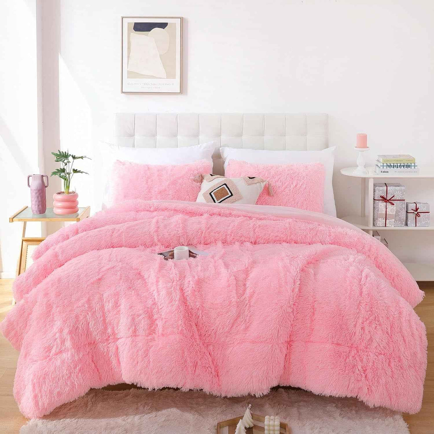 Fluffy Queen Comforter Set, Faux Fur Pink Comforter Set Queen Size, Luxury Fuzzy Bedding Set, Soft Shaggy Bed Set Pink for All Season, 3 Pieces - 1 Comforter & 2 Pillowcases - GG store