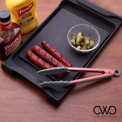 Stylish Stainless Steel Silicone Tipped Tongs Set - 9” & 12” - Perfect for Non-Stick Cookware, BBQ & Cooking - BPA Free, Sturdy, Locking Design in Rose Gold & Gray