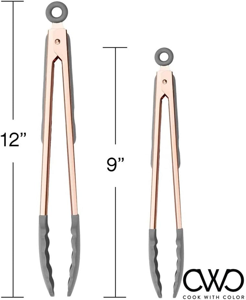 Stylish Stainless Steel Silicone Tipped Tongs Set - 9” & 12” - Perfect for Non-Stick Cookware, BBQ & Cooking - BPA Free, Sturdy, Locking Design in Rose Gold & Gray