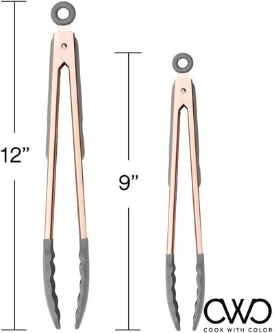 Stylish Stainless Steel Silicone Tipped Tongs Set - 9” & 12” - Perfect for Non-Stick Cookware, BBQ & Cooking - BPA Free, Sturdy, Locking Design in Rose Gold & Gray