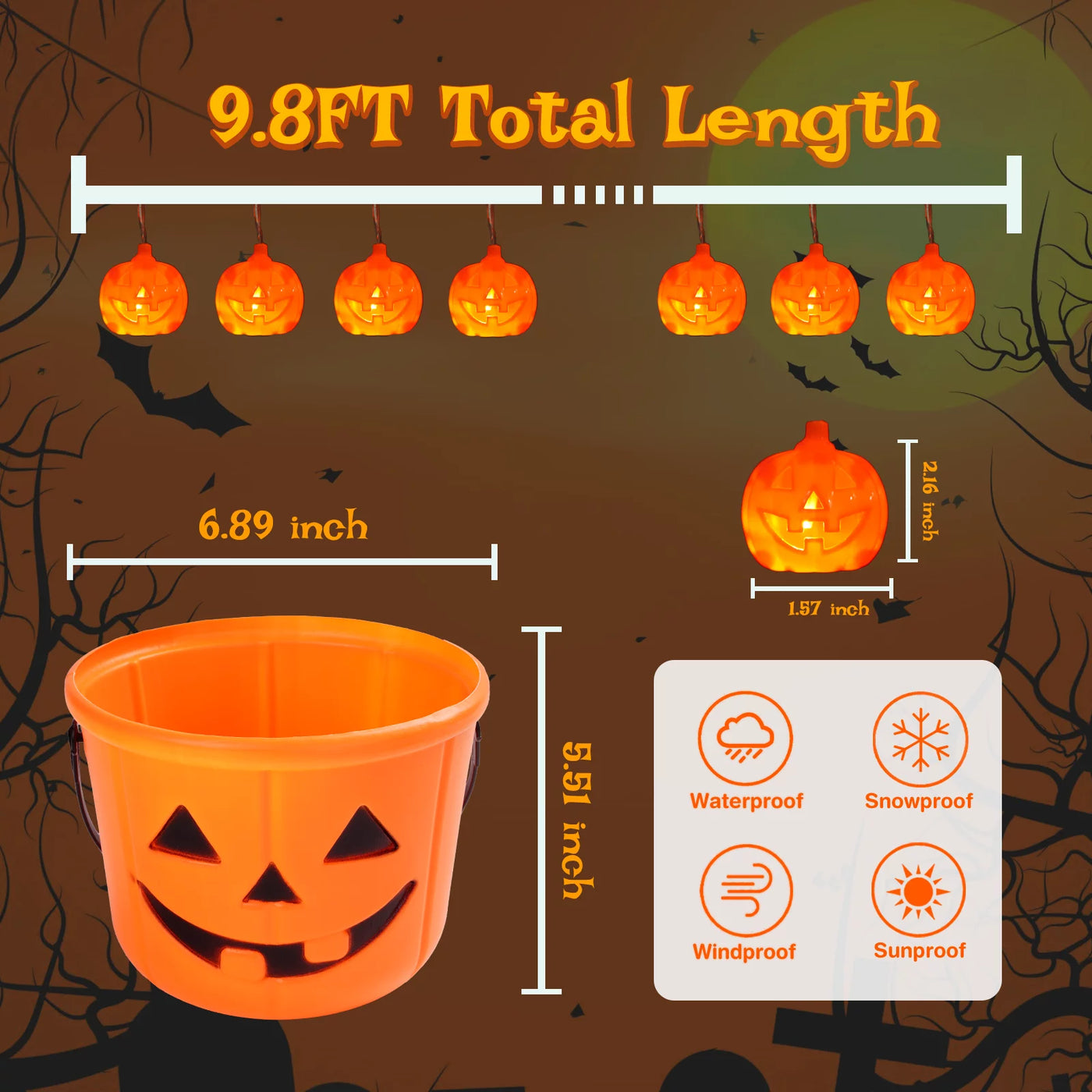 Spooktacular Halloween Pumpkin String Lights with Candy Bucket - 30 LED, 16.4Ft, 8 Modes, Waterproof Jack-O-Lantern Decor for Indoor & Outdoor Fun!