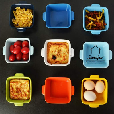 Elegant Blue Ceramic Souffle Dishes - Set of 6 Square Double Handle Ramekins for Baking Perfect Creme Brulee, Custard & Dipping - 10 OZ