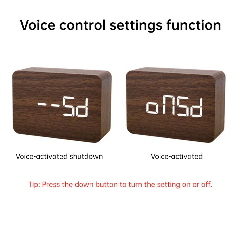 Wooden LED Digital Alarm Clock - Voice Control with Temperature & Date Display - Cavira