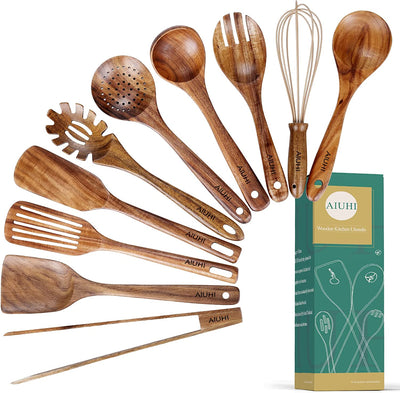 10-Pack Premium Wooden Cooking Utensils Set - Non-Stick Teak Spoons & Spatula for Effortless Kitchen Mastery