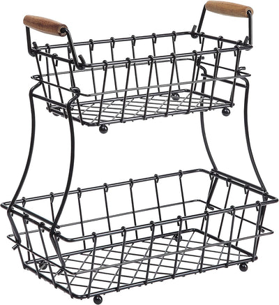 Stylish 2-Tier Black Metal Wire Basket for Fruits and Bread - Perfect Countertop Organizer!