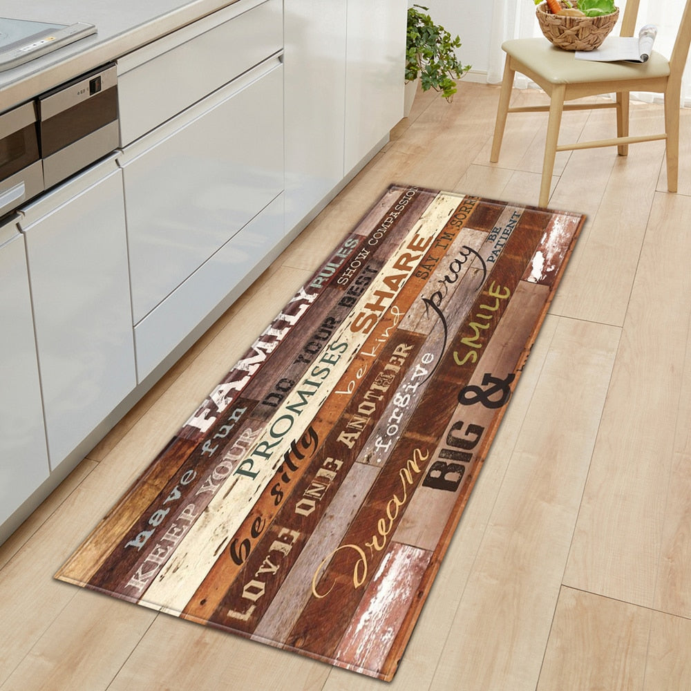 Nordic wood grain print anti-slip floor mat by Cavira in various sizes and colors, suitable for kitchen, bathroom, hallway, or bedroom.