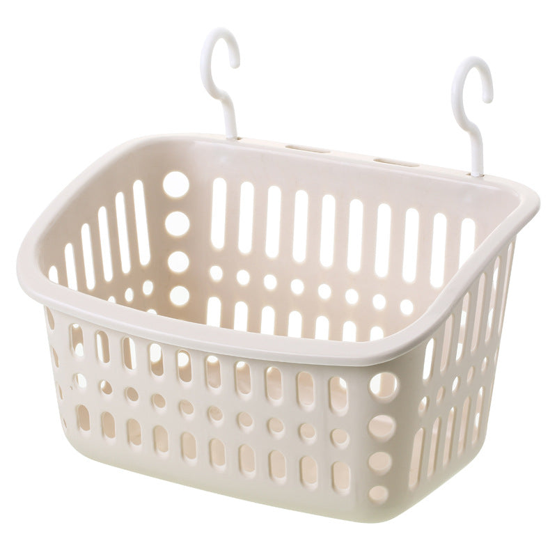 Plastic wall-mounted storage basket with double hooks, ideal for organizing kitchen, bathroom, or bedroom spaces.