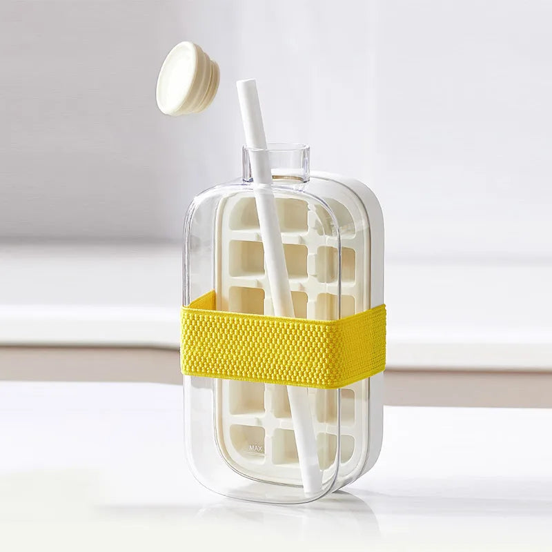 Cavira 2-in-1 ice cube maker bottle with lid and straw, portable press ice tray kettle for home, office, or travel use